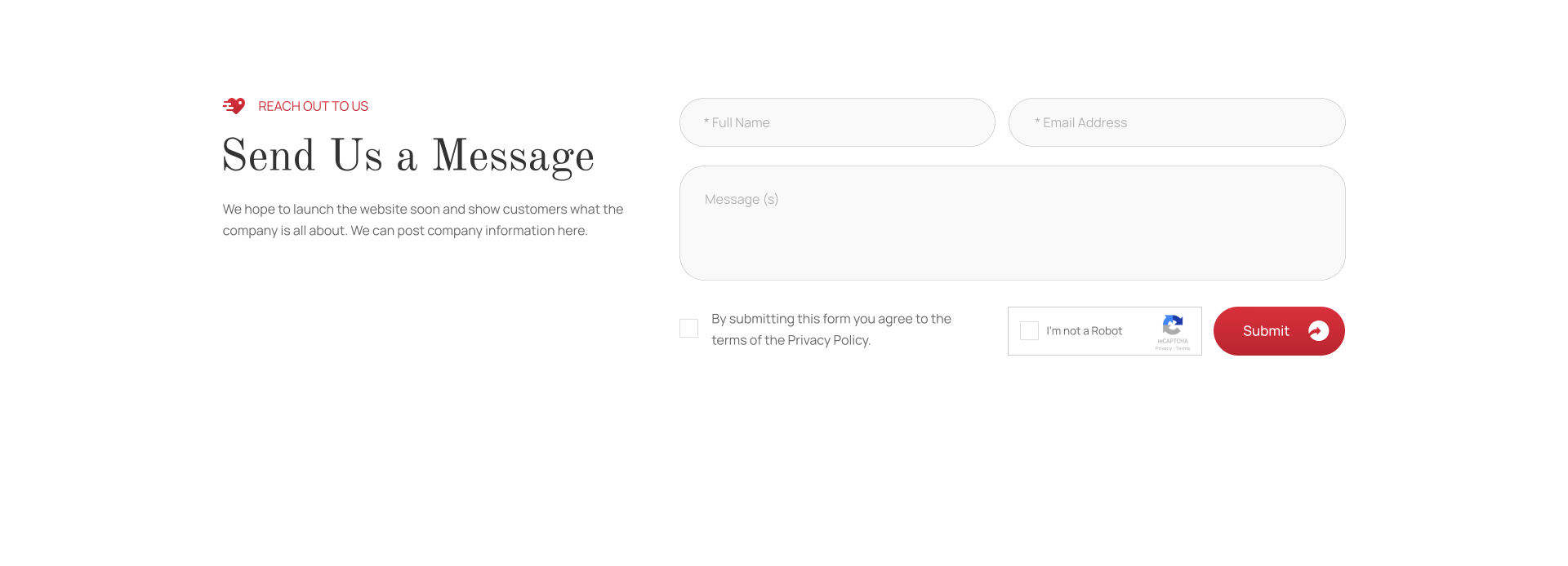 * Full Name * Email Address Message (s) I’m not a Robot Privacy - Terms By submitting this form you agree to the  terms of the Privacy Policy. Submit Send Us a Message REACH OUT TO US We hope to launch the website soon and show customers what the company is all about. We can post company information here.